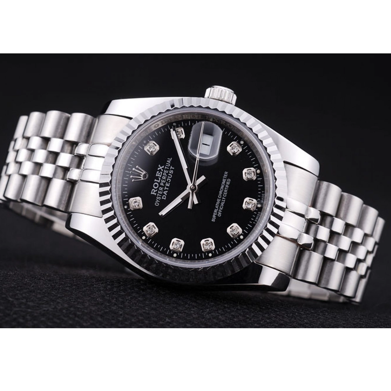 AAA replica watch Ribbed Diamonds Black 7458 Bezel Datejust Rolex Dial 0816